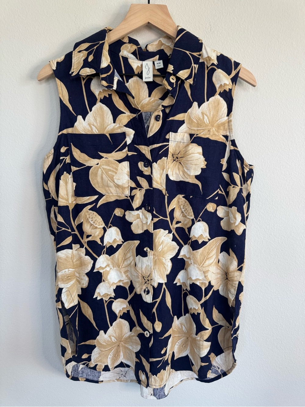 Joie Floral Linen Blend Sleeveless Button Front Blouse Coastal Luxe Medium